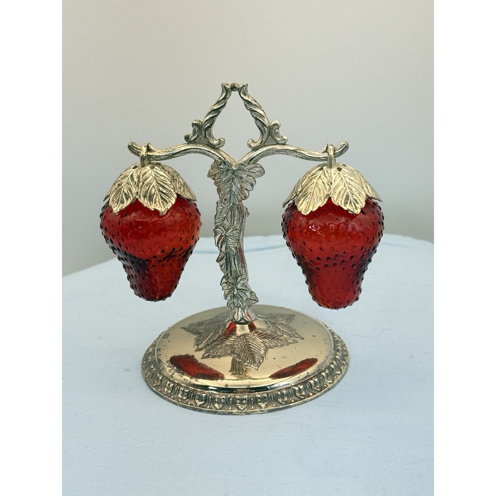 Vintage 60s red glass hanging strawberry salt & pepper shaker set #1065